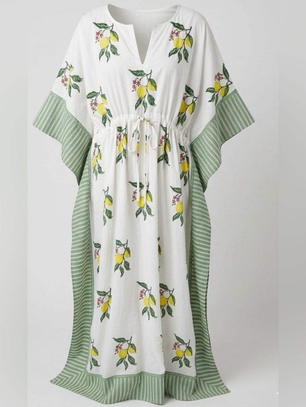 CJ Laing Lemon Print Cotton Kaftan Maxi Dress Luxury Resort Cruise Boho OS